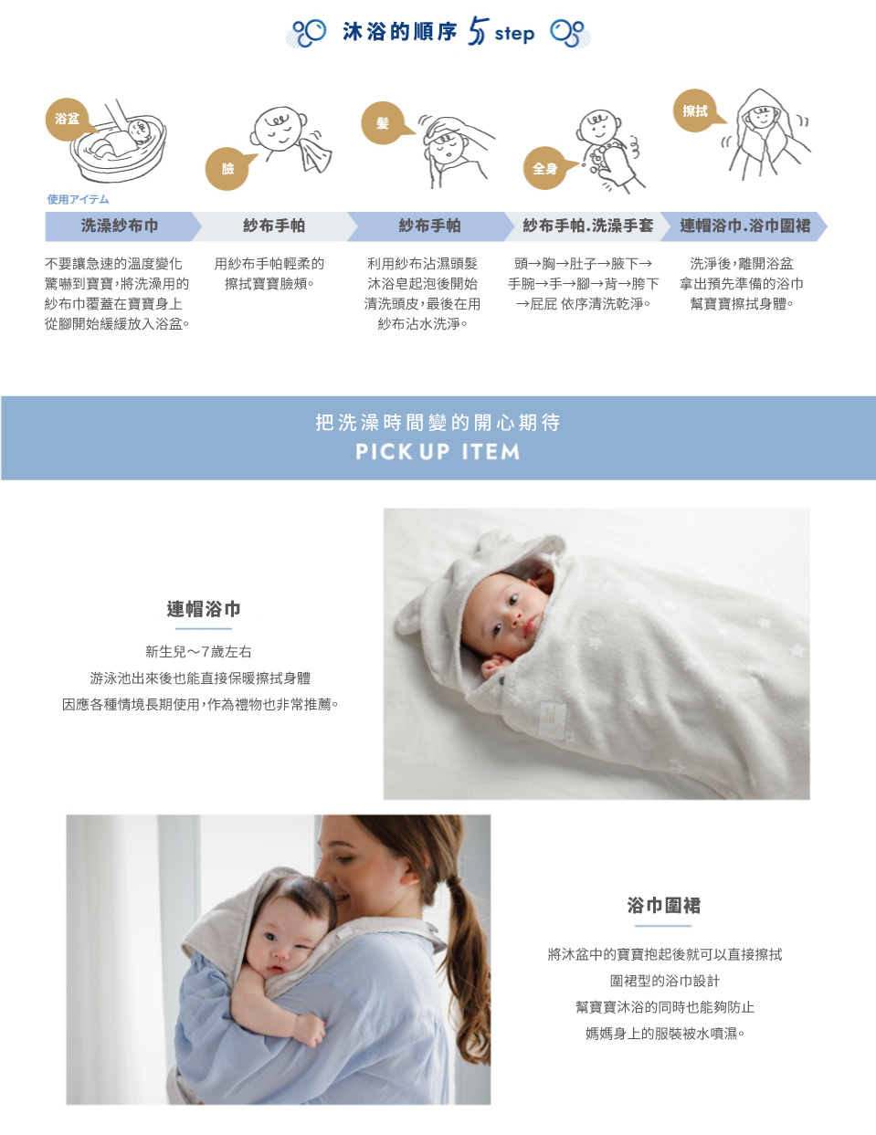 沐浴的順序5步驟:洗澡紗布巾(浴盆)→紗布手帕(臉)→紗布手帕(髮)→紗布手帕、洗澡手套(全身)→連帽浴巾、浴巾圍裙(擦拭)