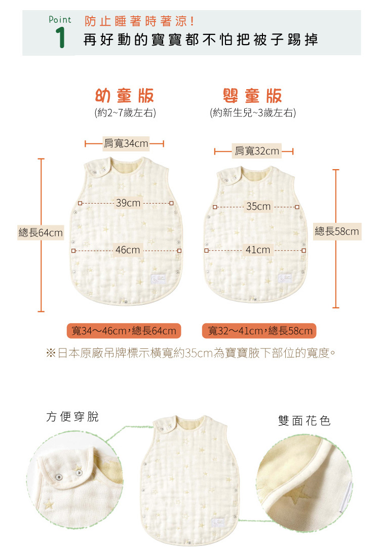 Point01 防止睡著時著涼！再好動的寶寶都不怕把被子踢掉 嬰童（約新生兒~3歲左右） 肩寬32cm，總長58cm 寬32~41cm，總長58cm 幼童（約2~7歲左右） 肩寬34cm，總長64cm 寬34~46cm，總長64cm ※日本原廠吊牌標示橫寬約35cm寶寶腋下部位的寬度。
