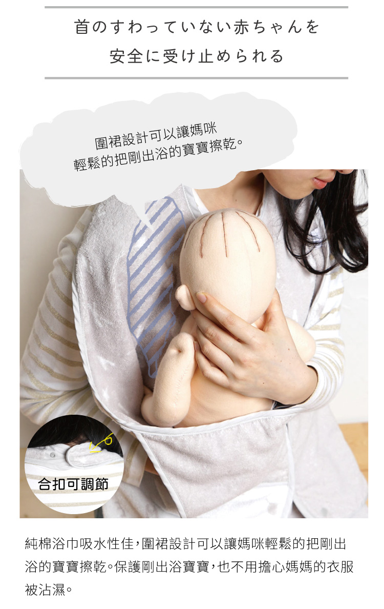 圍裙設計可以讓媽咪輕鬆地把剛出浴的寶寶擦乾。 純棉浴巾吸水性佳，圍裙設計可以讓媽咪輕鬆的把剛出浴的寶寶擦乾。保護剛出浴寶寶，也不用擔心媽媽的衣服被沾濕。