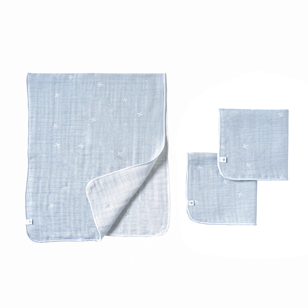 十字星彩三層紗沐浴紗布巾手帕組 天空藍