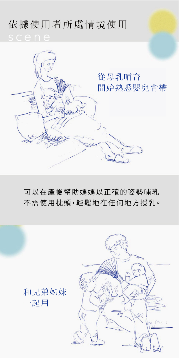 依據使用者所處情境使用 從母乳哺育開始熟悉嬰兒背帶 可以在產後幫助媽媽以正確的姿勢哺乳 不需要使用枕頭 輕鬆地在任何地方授乳 和兄弟姊妹一起用