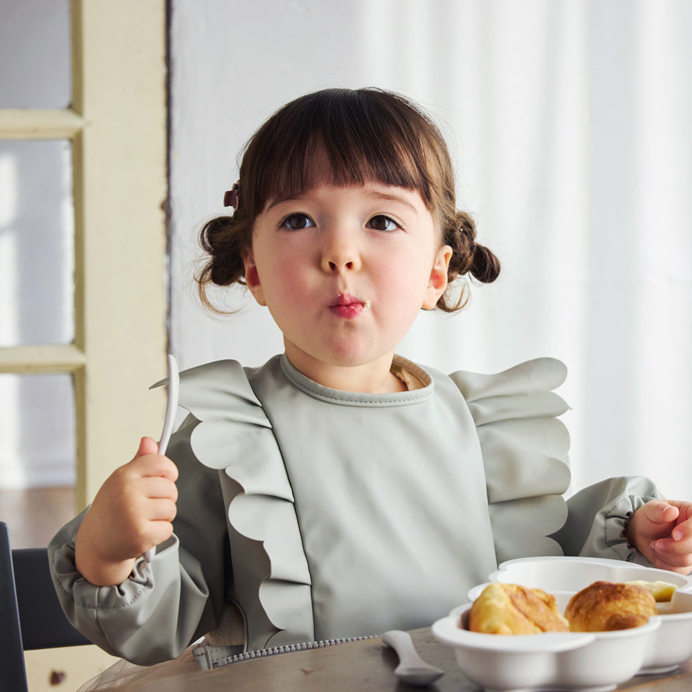 荷葉邊可收納長袖餐圍兜 灰色