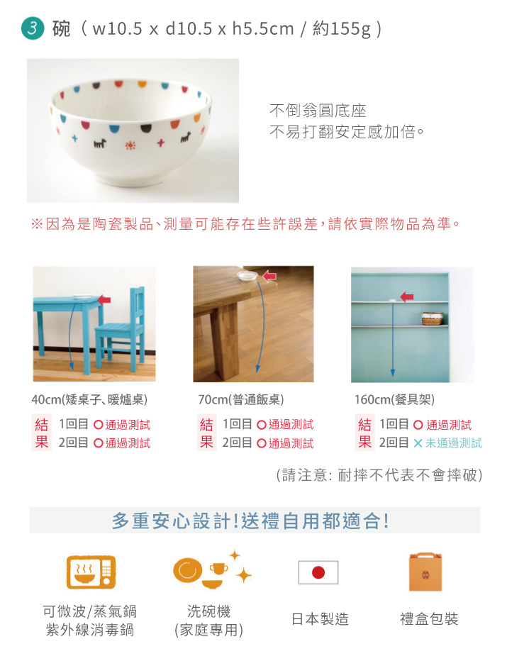 3.碗 (w10.5 x d10.5 x h5.5cm / 約155g) 不倒翁園底座，不易打翻安定感加倍。 ※因為是陶瓷製品、測量可能存在些誤差，請依實際物品為準。 多重安心設計！送禮自用都適合！ 可微波/蒸氣鍋紫外線消毒鍋，洗碗機（家庭專用），日本製造，禮盒包裝