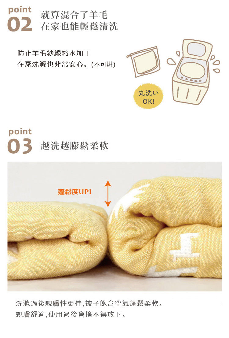 Point02 即使是羊毛材質，在家也能輕鬆洗滌。 防止羊毛沙線縮水加工，在家洗滌也非常安心。(不可烘)  Point03 越洗越蓬鬆柔軟，洗滌過後親膚性更佳，被子飽含空氣蓬鬆柔軟。親膚舒適，使用過後會捨不得放下。