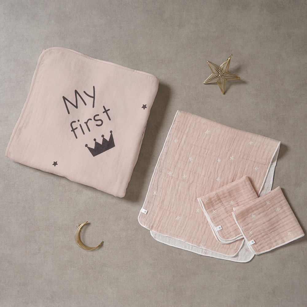 十字星彩天絲三層紗沐浴巾彌月禮盒組 粉