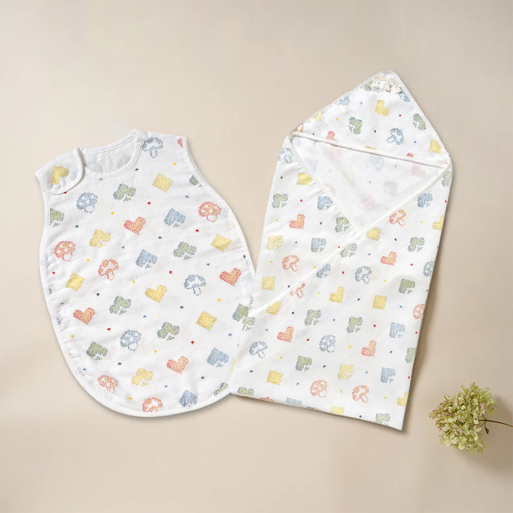 蘑菇森友會 天絲三層紗防踢背心包巾彌月禮盒組