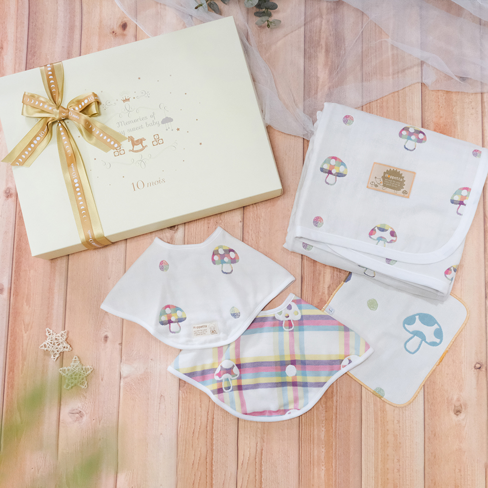 彩虹蘑菇六層紗被圍兜大禮盒