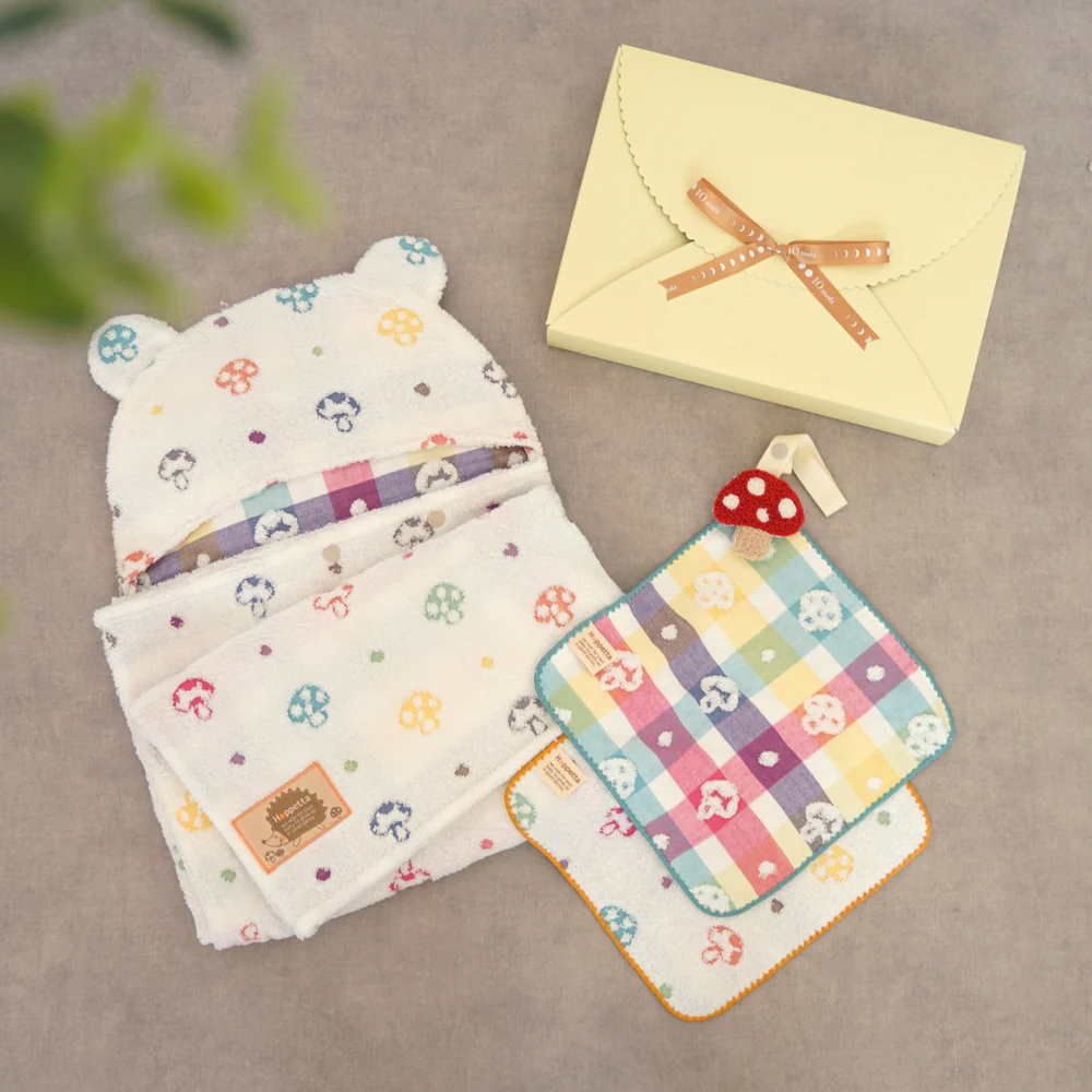 蘑菇熊耳朵連帽浴巾手帕禮盒組