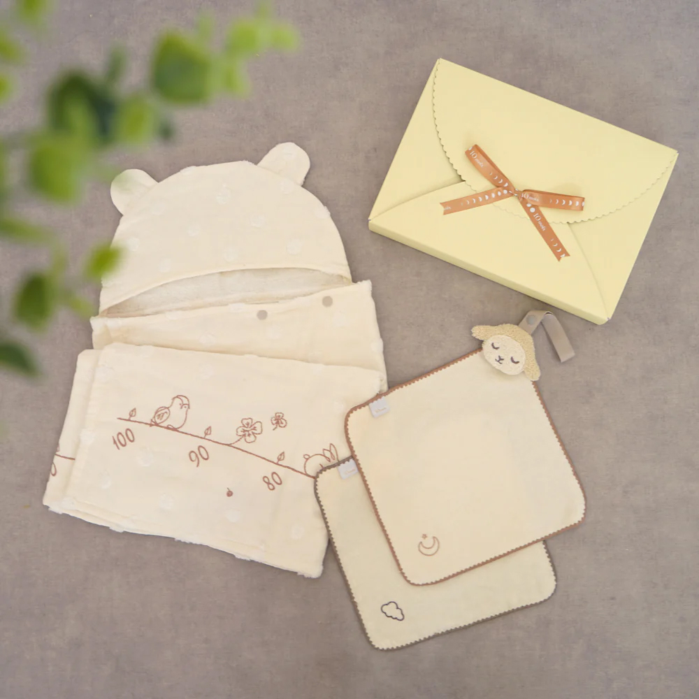 蘋果熊耳朵連帽浴巾手帕禮盒組