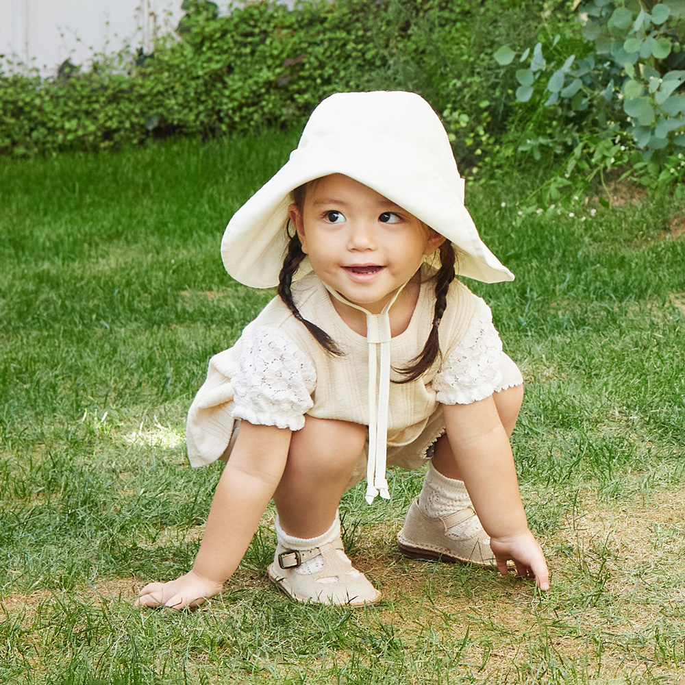 棉麻絲帶遮陽帽 米.
