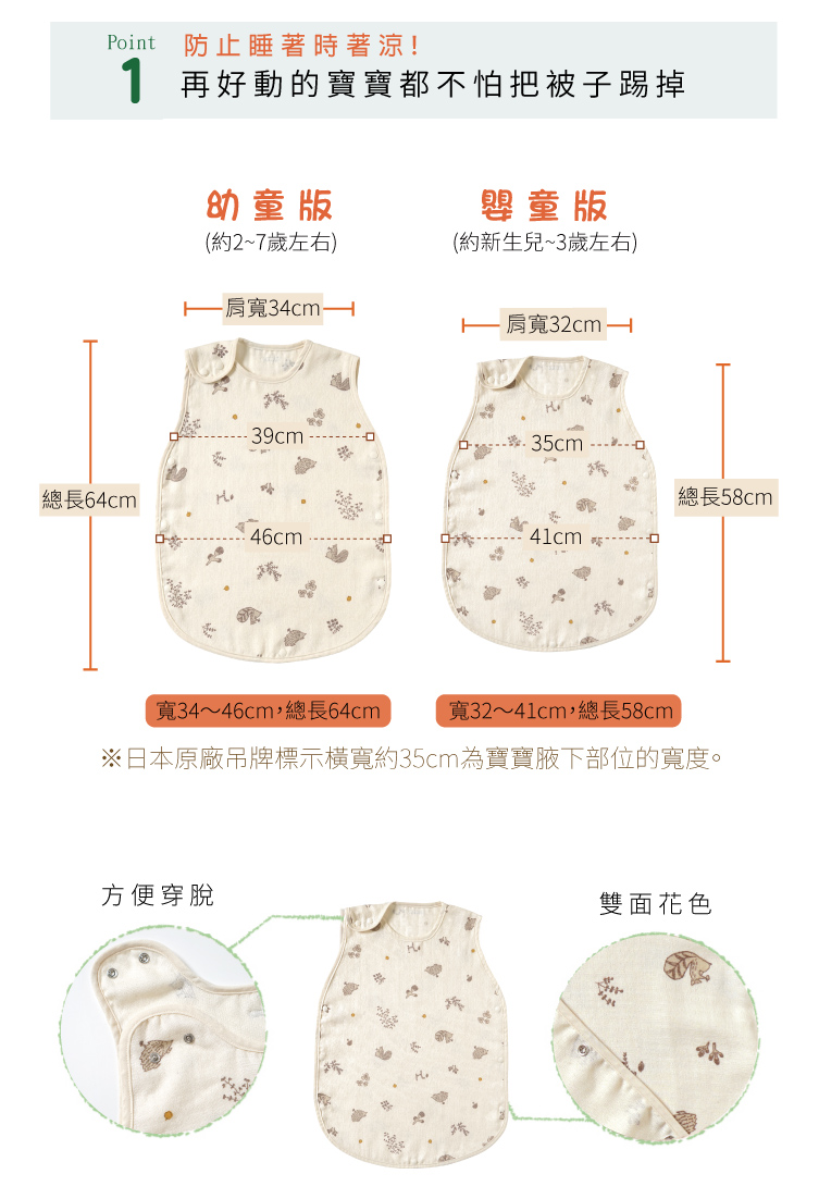  Point01 防止睡著時著涼！再好動的寶寶都不怕把被子踢掉 嬰童（約新生兒~3歲左右） 肩寬32cm，總長58cm 寬32~41cm，總長58cm 幼童（約2~7歲左右） 肩寬34cm，總長64cm 寬34~46cm，總長64cm ※日本原廠吊牌標示橫寬約35cm寶寶腋下部位的寬度。