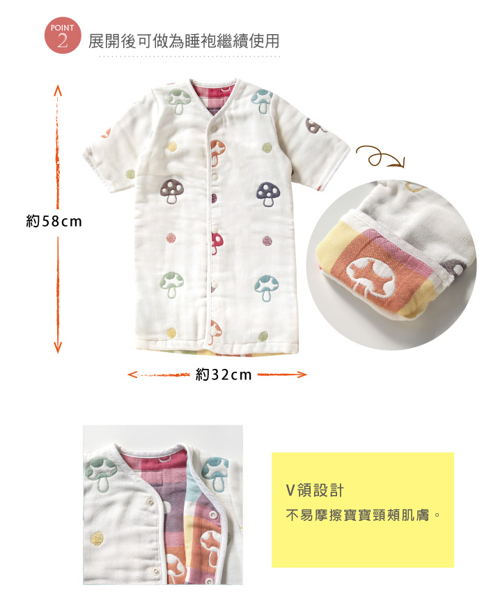  Point2.展開後可做為睡袍繼續使用 長約58cm，寬約32cm V領設計不易摩擦寶寶頸頰肌膚。 可拆袖設計保暖恆溫，隨季節變換。