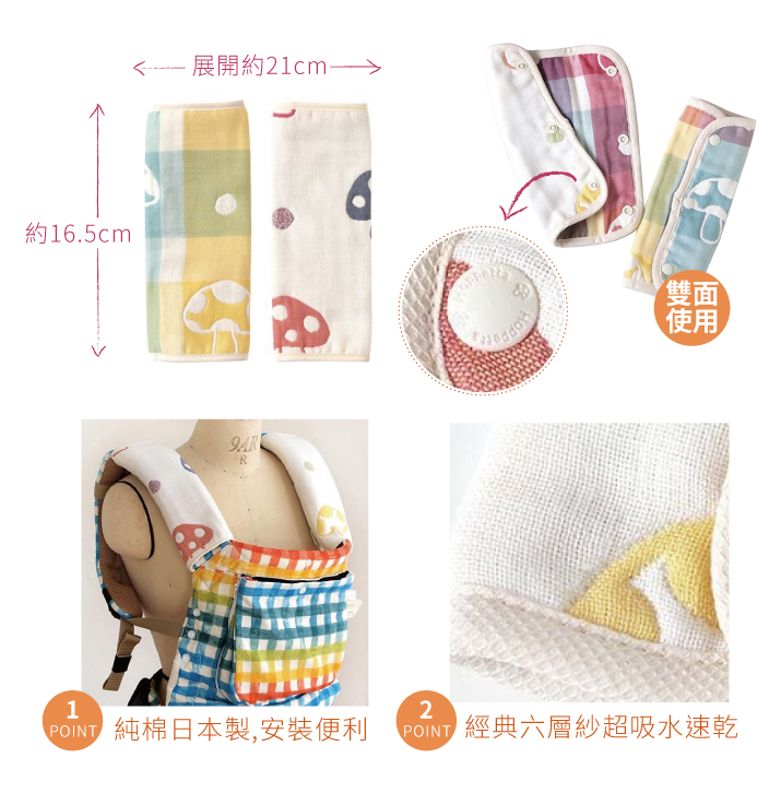 展開約21cm,長約16.5cm,雙面使用 Point1.純棉日本製,安裝便利 Point2.經典六層紗超吸水速乾
