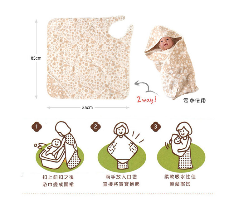 包巾使用，攤開後尺寸為85x85cm 1.扣上鈕扣之後浴巾變成圍裙 2.兩手放入口袋直接將寶寶抱起 3.柔軟吸水性佳輕鬆擦拭