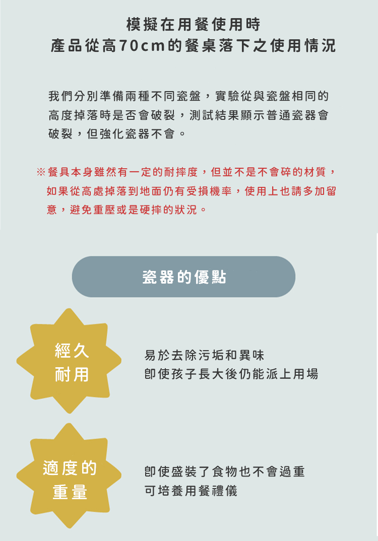 模擬在用餐使用時，從高70cm的餐桌落下時，產品使用情況我們分別準備兩種不同瓷盤，實驗從與瓷盤相同的高度掉落時是否會破裂，測試結果顯示普通瓷器會破裂，但強化瓷器不會。瓷器的優點:經久耐用、易於去除污垢和異味，即使孩子長大後仍能派上用場。適度的重量，即使盛裝了食物也不會過重，可培養用餐禮儀。