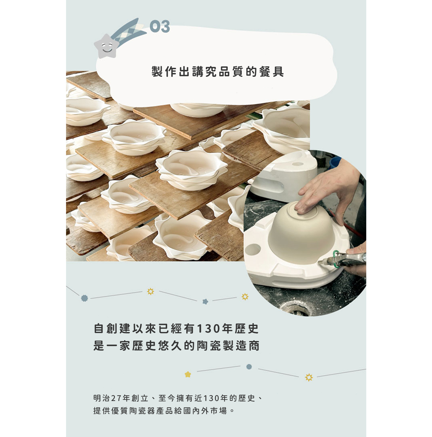 製作出講究品質的餐具，製造Paku Paku Wakusei Plates的工廠是經過JIS（日本工業標準）認證的環境，並且擁有向學校午餐、福利設施、醫院等提供餐具的良好記錄、安全、安心的提供餐具。