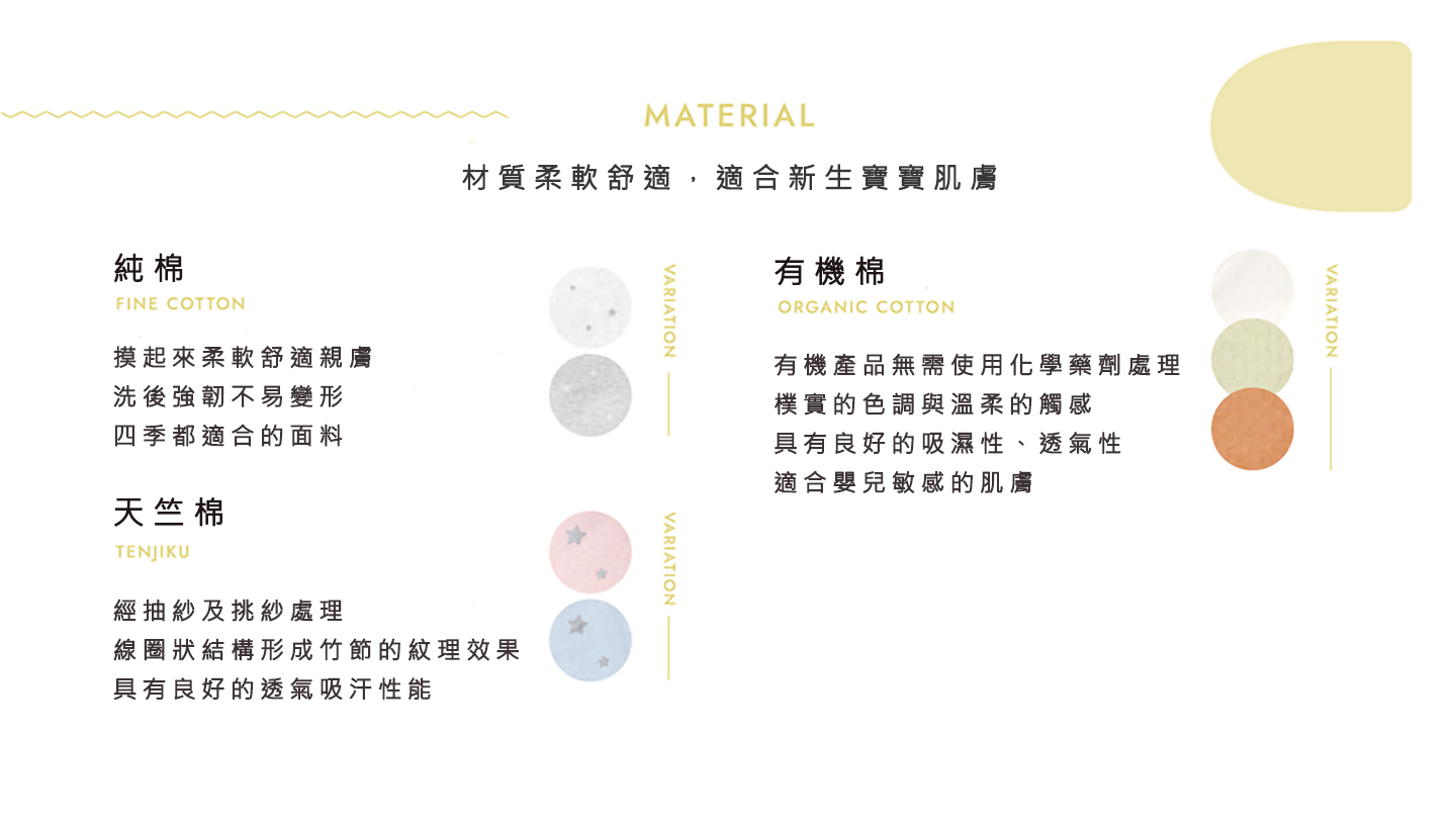 MATERIAL 材質柔軟舒適，適合新生寶寶肌膚