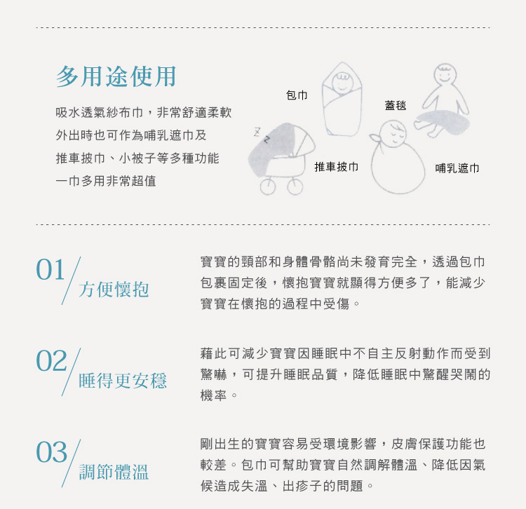 吸水透氣紗布巾，非常舒適柔軟可做為繈褓中的嬰兒包巾使用，外出時也可做為哺乳遮巾及推車披巾、小被子等多種功能，一巾多用非常超值。