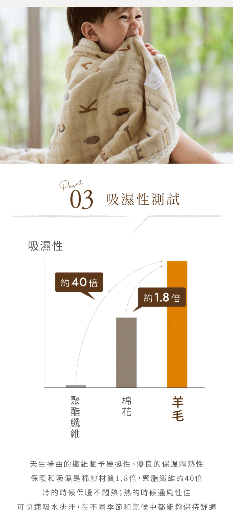 天然捲曲的羊毛混紗纖維，保有羊毛的抗皺性、回彈性，可保持更蓬鬆且硬挺的空氣夾層，讓暖空氣保留在層紗中，濕氣卻能輕易排出，體感舒適更加倍！保暖和吸濕是棉紗材質1.8倍，聚脂纖維的40倍。採用防縮加工，預防羊毛紗線收縮(不可烘)，洗滌更方便。