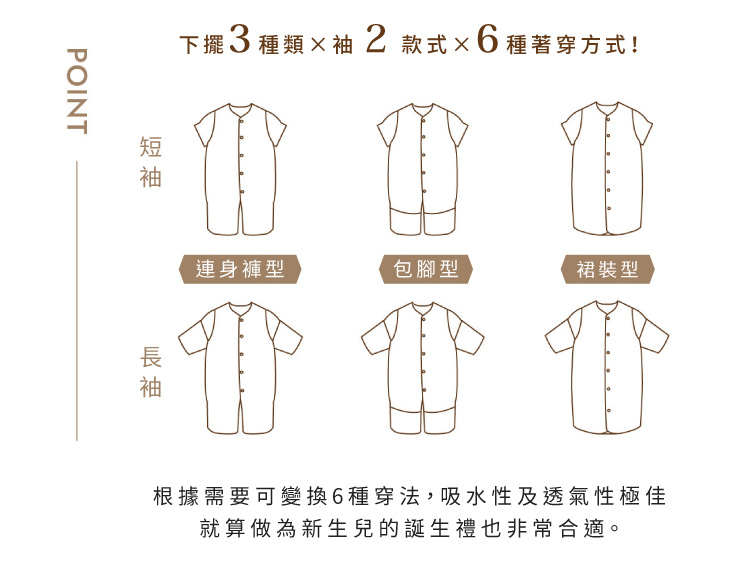 下擺3種類×袖2款式×6種著穿方式。連身褲型，包腳型，裙裝型。根據需要可變換6種穿法，吸水性及透氣性極佳，就算做為新生兒的誕生禮也非常合適。